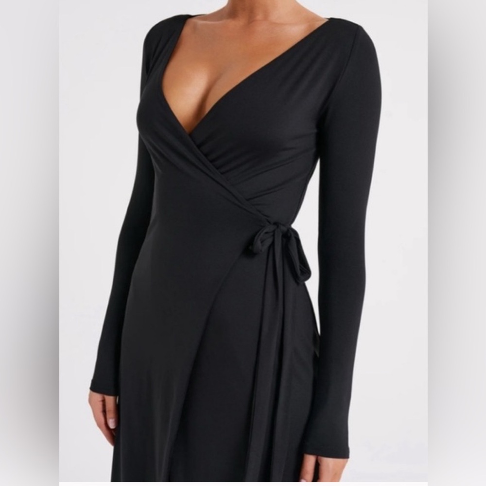 NWOT Meshki Gillian Recycled Nylon Wrap Maxi Dress with long sleeves, XXS